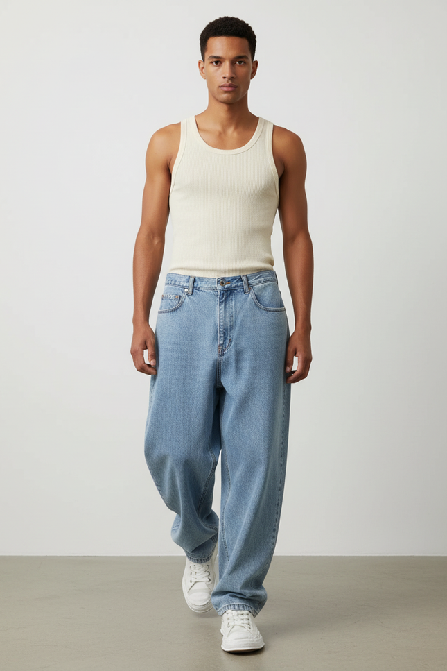 Pantalon Baggy Jean Bleu Clair Ample Streetwear Décontracté