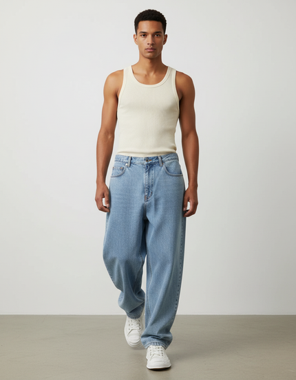 Pantalon Baggy Jean Bleu Clair Ample Streetwear Décontracté