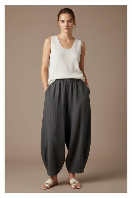 Pantalon Baggy Gris Lin Ample Élastique Femme