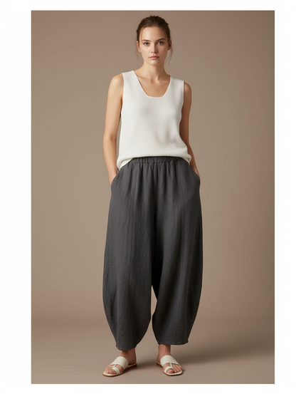 Pantalon Baggy Gris Lin Ample Élastique Femme