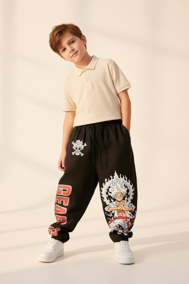 Pantalon Baggy Noir Ample Coton Imprimé Anime Garçon - Molleton