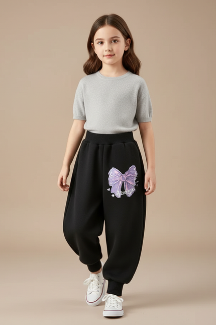 Pantalon Baggy Noir Ample Nœud Papillon Violet Fille - Molleton