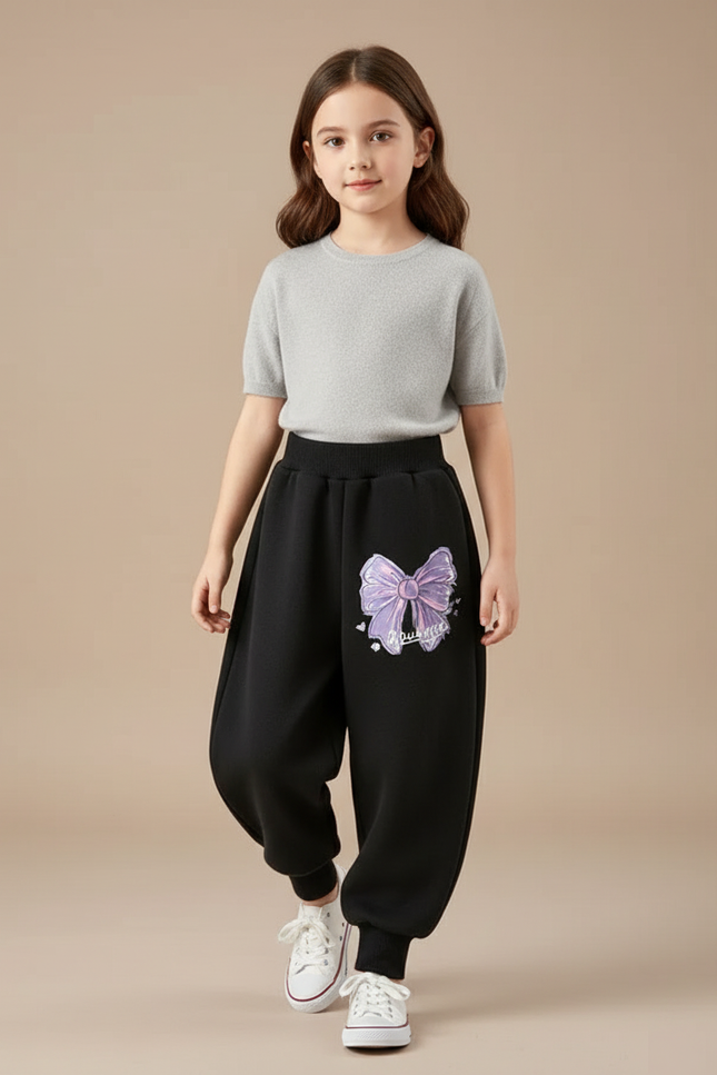 Pantalon Baggy Noir Ample Nœud Papillon Violet Fille - Molleton