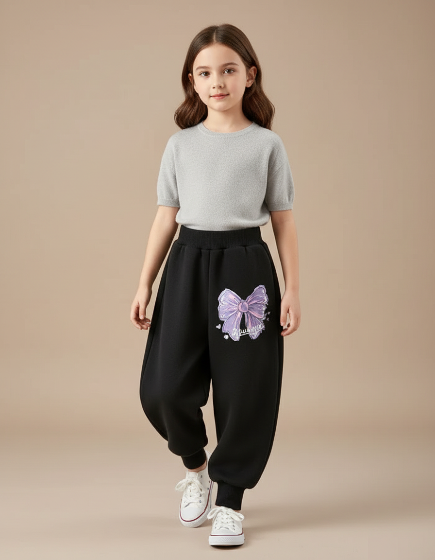 Pantalon Baggy Noir Ample Nœud Papillon Violet Fille - Molleton