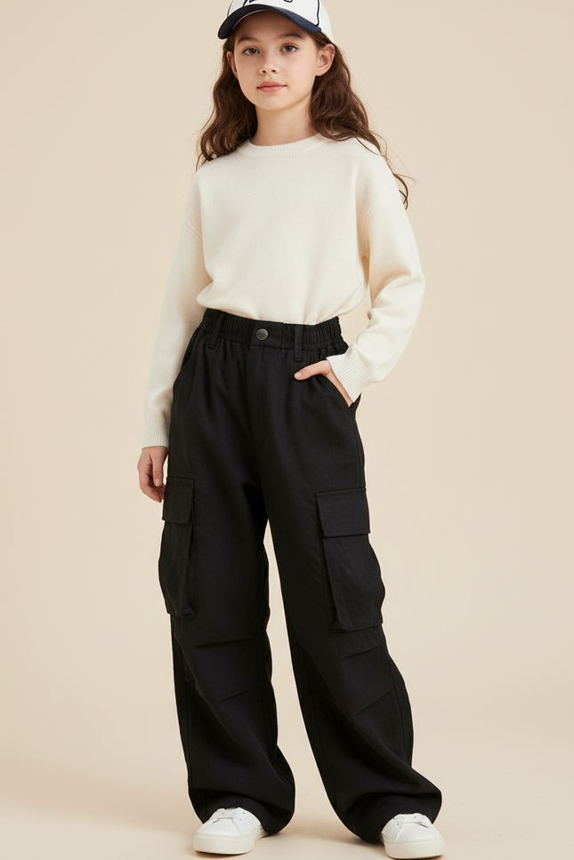 Pantalon Baggy Noir Ample Cargo Décontracté Fille Coton - Toile