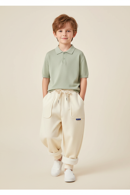 Pantalon Baggy Crème Molletonné Doublé Chaud Enfant - Beige