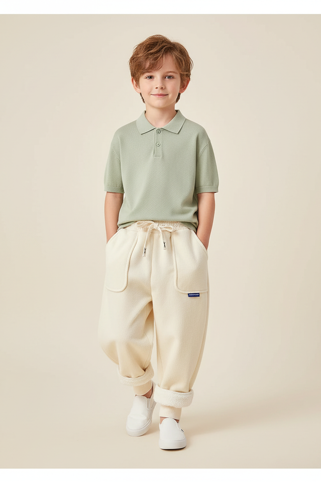 Pantalon Baggy Crème Molletonné Doublé Chaud Enfant - Beige