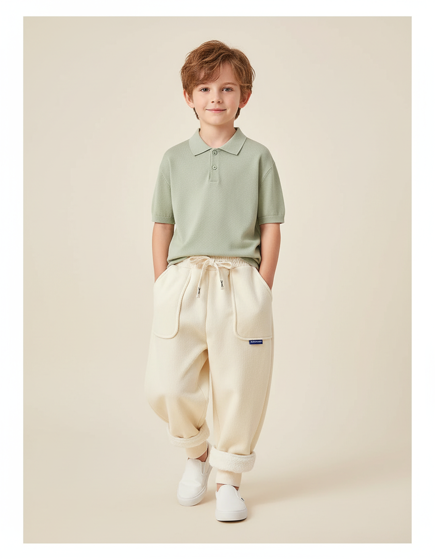 Pantalon Baggy Crème Molletonné Doublé Chaud Enfant - Beige