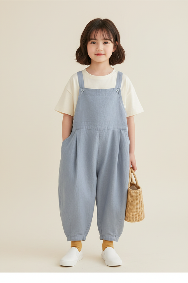 Pantalon Baggy Bleu Clair Ample Lin Bretelles Enfant