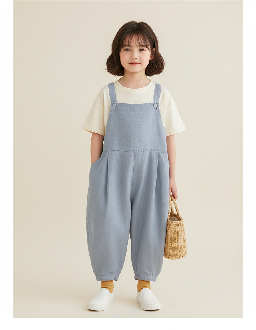 Pantalon Baggy Bleu Clair Ample Lin Bretelles Enfant