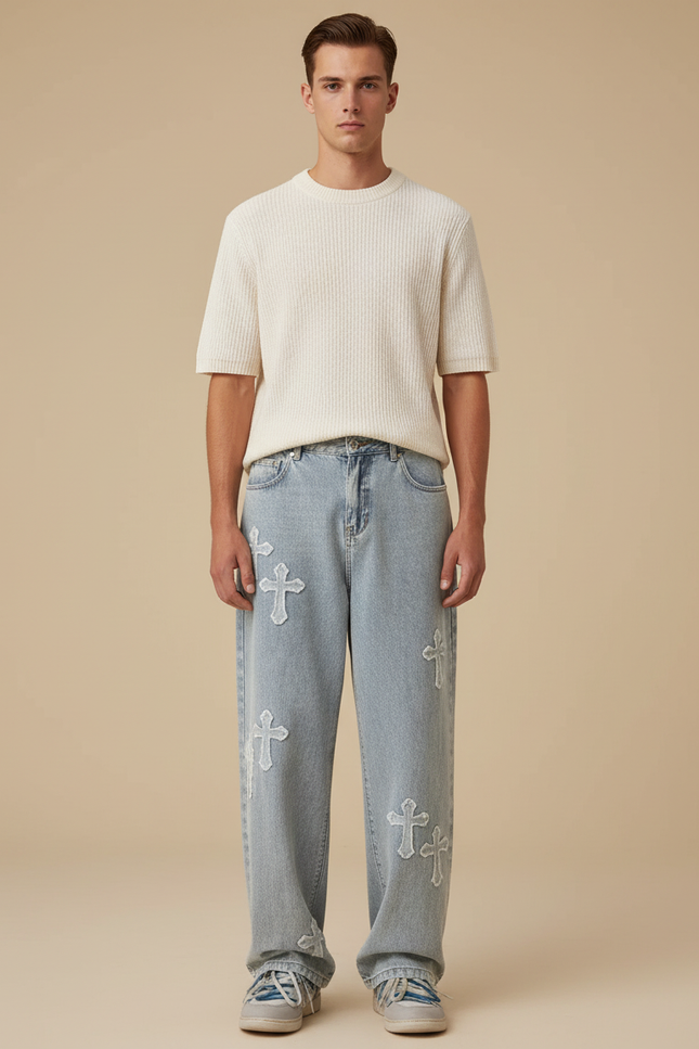 Pantalon Baggy Jean Bleu Délavé Croix Ample Homme