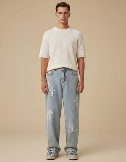 Pantalon Baggy Jean Bleu Délavé Croix Ample Homme