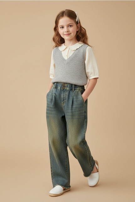 Pantalon Baggy Jean Bleu Délavé Ample Plissé Fille