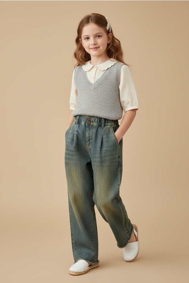 Pantalon Baggy Jean Bleu Délavé Ample Plissé Fille
