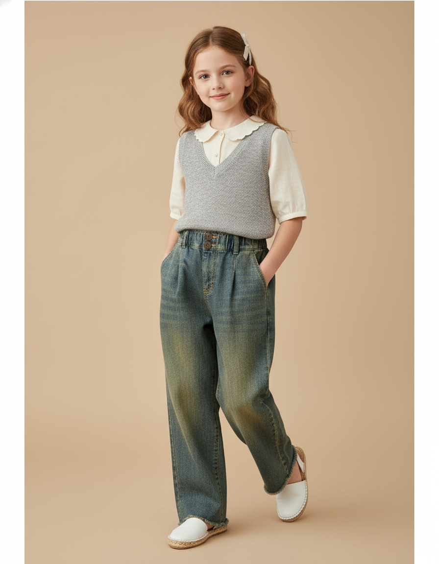 Pantalon Baggy Jean Bleu Délavé Ample Plissé Fille
