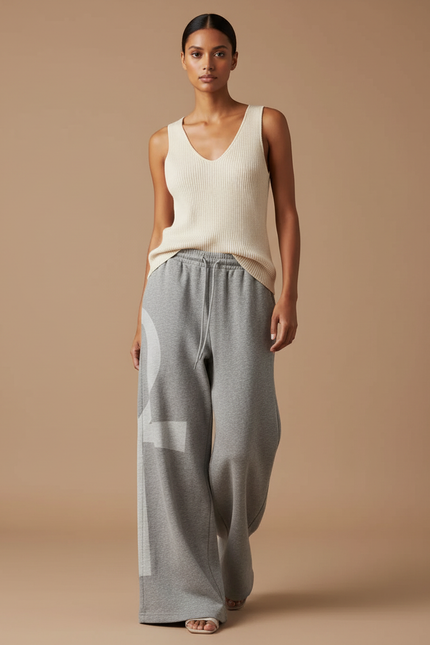Pantalon Baggy Gris Ample Décontracté Logo Cordon - Molleton