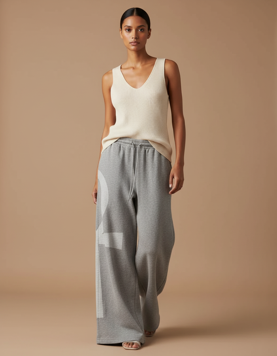 Pantalon Baggy Gris Ample Décontracté Logo Cordon - Molleton