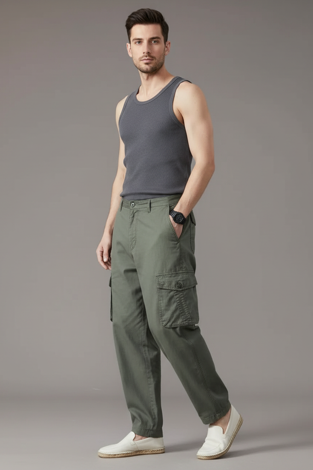 Pantalon Baggy Vert Kaki Cargo Coton Ample Homme - Toile