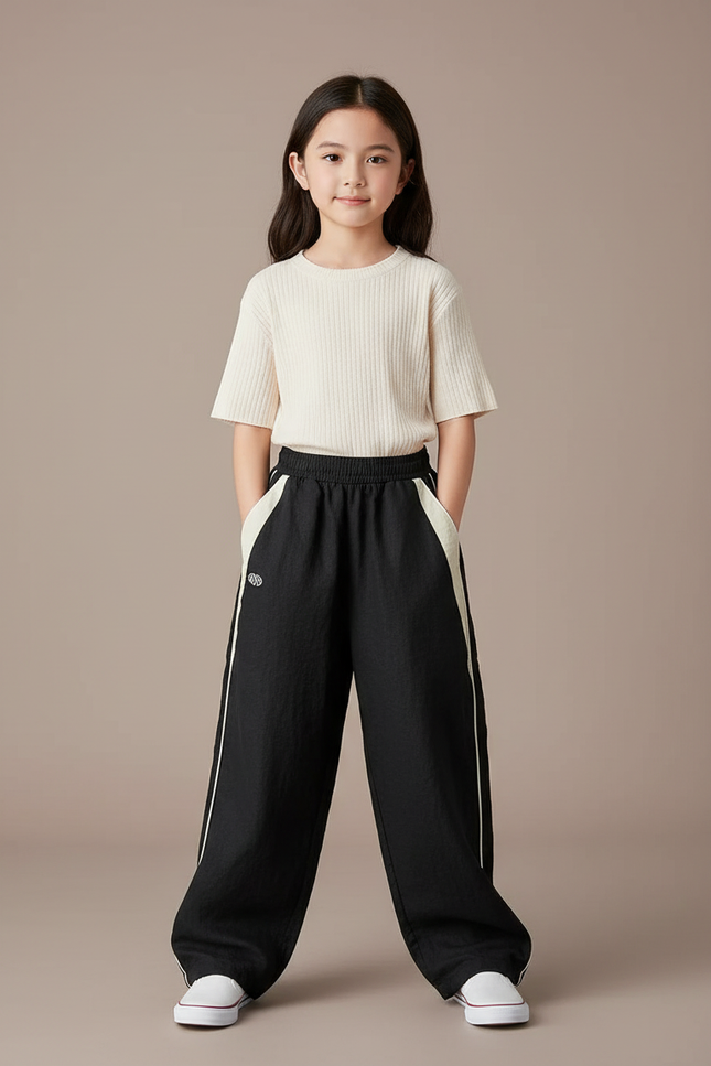 Pantalon Baggy Noir Lin Ample Rayures Blanches