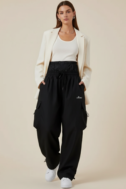 Pantalon Baggy Noir Cargo Ample Femme Sport - Polyester