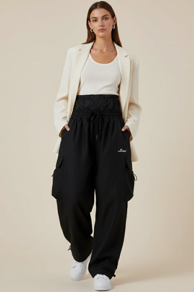 Pantalon Baggy Noir Cargo Ample Femme Sport - Polyester