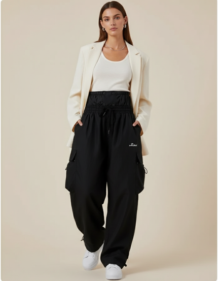 Pantalon Baggy Noir Cargo Ample Femme Sport - Polyester