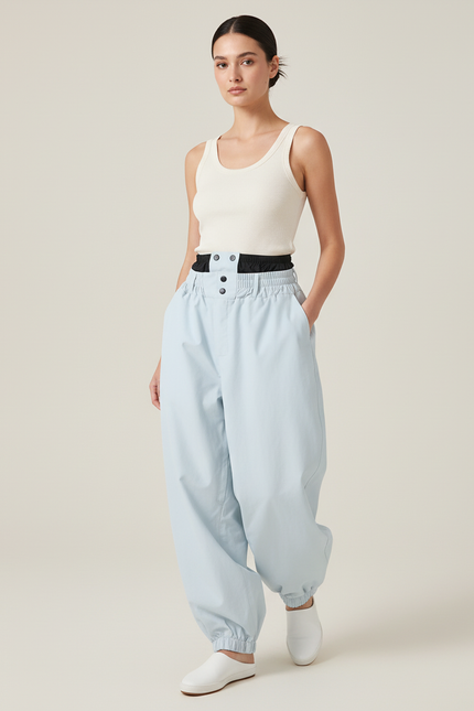Pantalon Baggy Bleu Ciel Taille Haute Ample - Gabardine