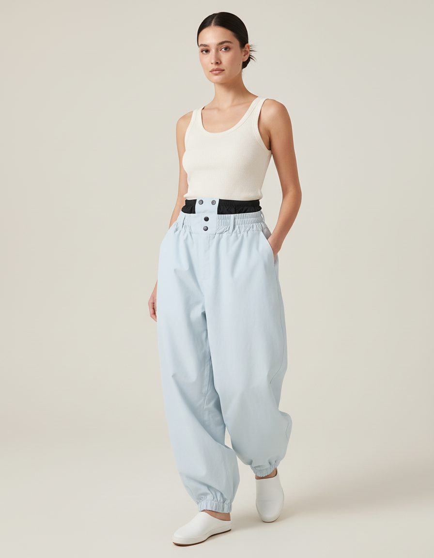 Pantalon Baggy Bleu Ciel Taille Haute Ample - Gabardine