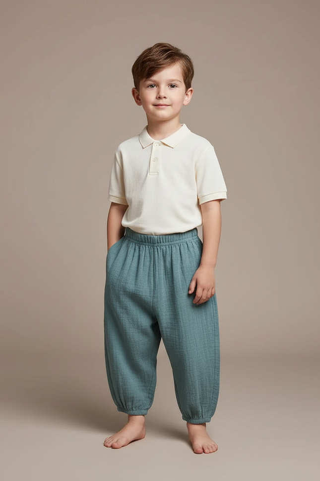 Pantalon Baggy Mousseline Vert Ample Enfant Confortable - Coton