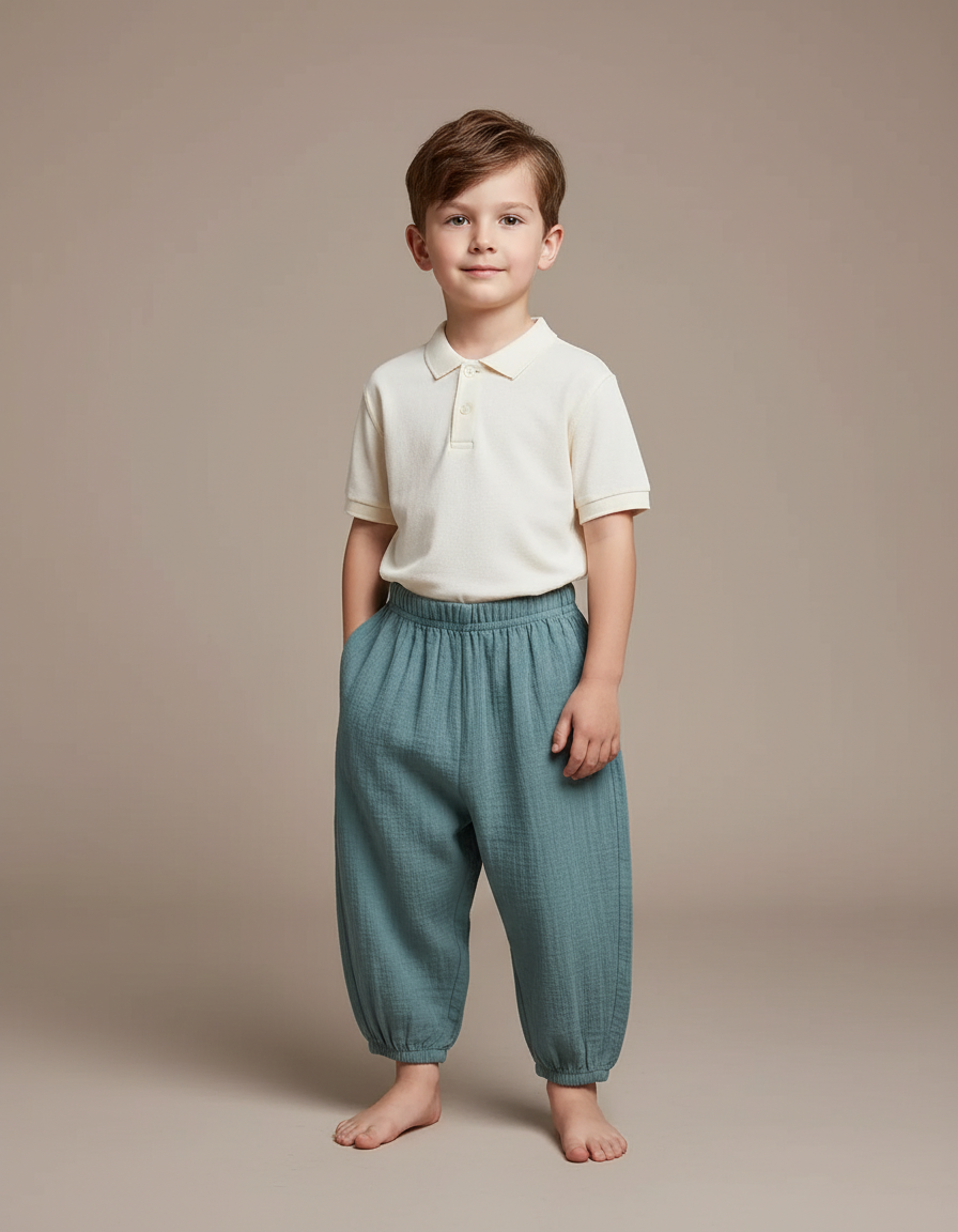 Pantalon Baggy Mousseline Vert Ample Enfant Confortable - Coton