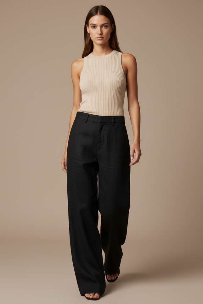 Pantalon Baggy Noir Lin Ample Élégant Décontracté Femme