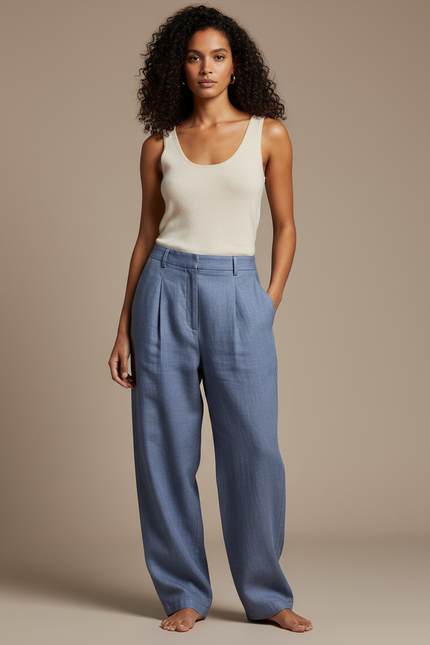 Pantalon Baggy Bleu Fluide Plissé Décontracté - Lin