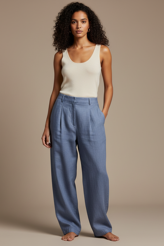 Pantalon Baggy Bleu Fluide Plissé Décontracté - Lin