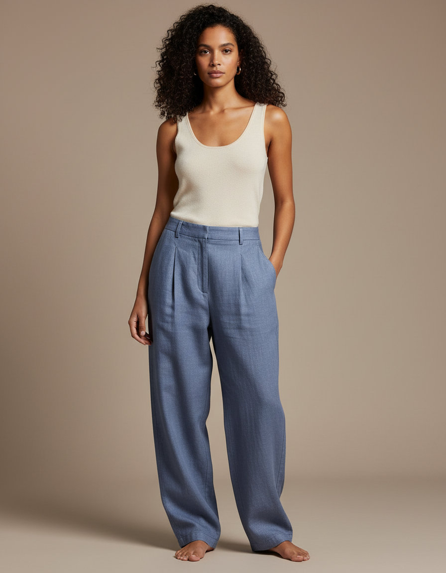 Pantalon Baggy Bleu Fluide Plissé Décontracté - Lin