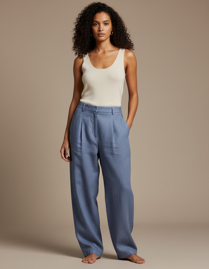 Pantalon Baggy Bleu Fluide Plissé Décontracté - Lin