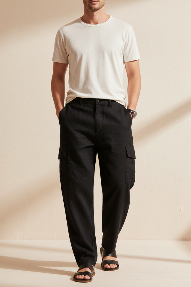 Pantalon Baggy Noir Coton Ample Cargo Homme - Lin