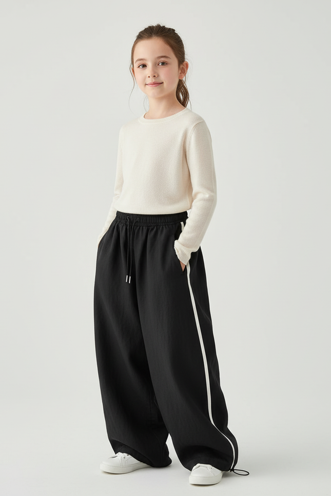 Pantalon Baggy Noir Ample Cordon Rayure Latérale - Polyester