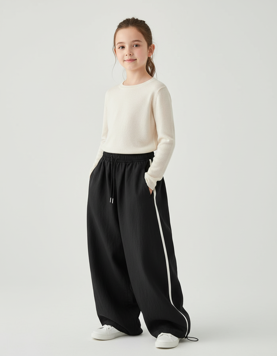 Pantalon Baggy Noir Ample Cordon Rayure Latérale - Polyester