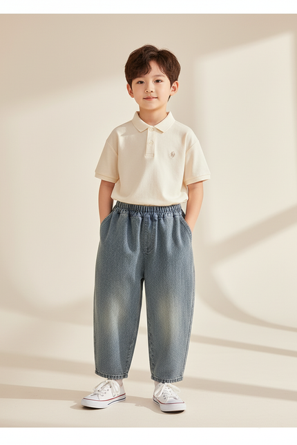 Pantalon Baggy Jean Denim Ample Décontracté Enfant Garçon - Bleu