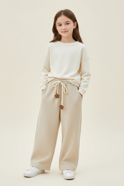 Pantalon Baggy Beige Côtelé Ample Décontracté Fille - Cordé