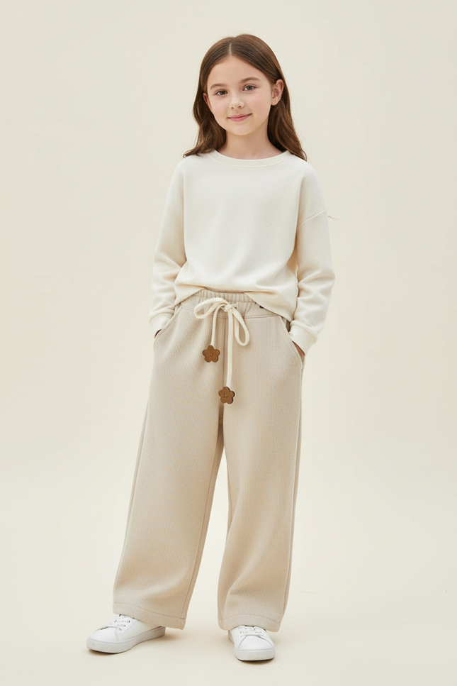 Pantalon Baggy Beige Côtelé Ample Décontracté Fille - Cordé
