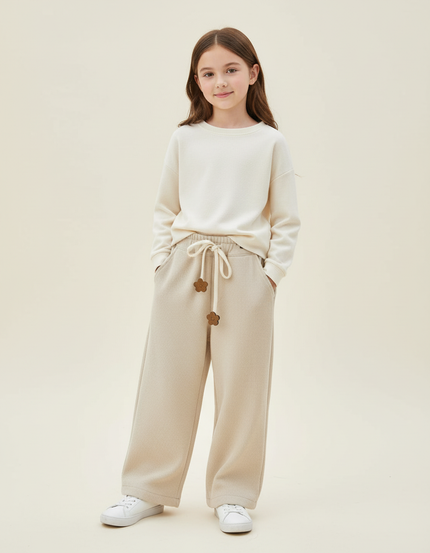Pantalon Baggy Beige Côtelé Ample Décontracté Fille - Cordé