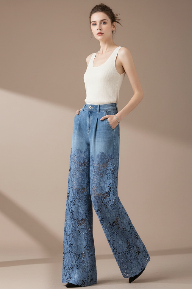 Pantalon Baggy Bleu Jean Dentelle Évasé Femme