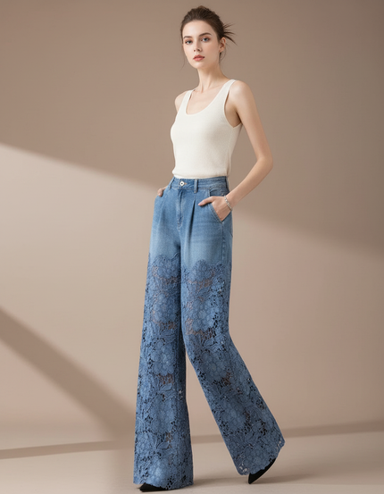 Pantalon Baggy Bleu Jean Dentelle Évasé Femme