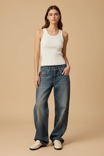 Pantalon Baggy Jean Bleu Droit Ample Décontracté