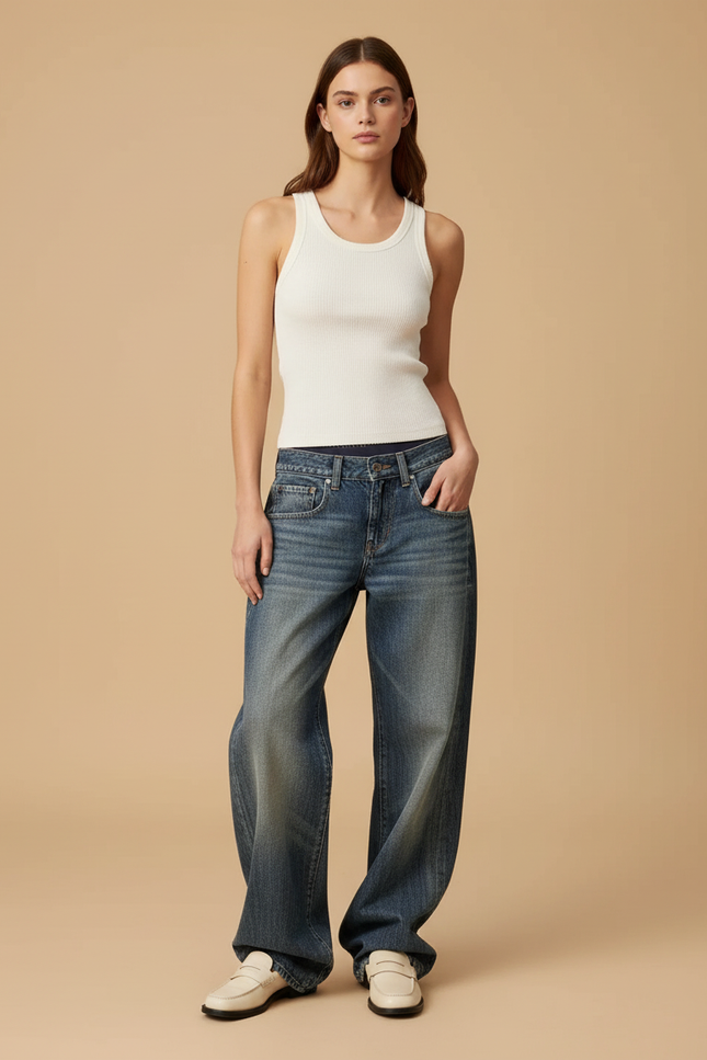 Pantalon Baggy Jean Bleu Droit Ample Décontracté