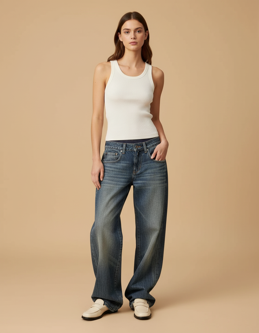 Pantalon Baggy Jean Bleu Droit Ample Décontracté