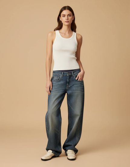 Pantalon Baggy Jean Bleu Droit Ample Décontracté