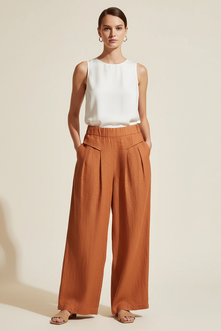 Pantalon Baggy Orange Brûlé Ample Lin Taille Haute