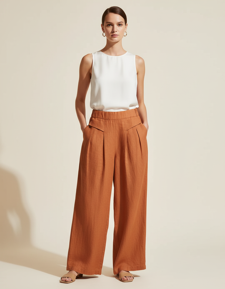Pantalon Baggy Orange Brûlé Ample Lin Taille Haute